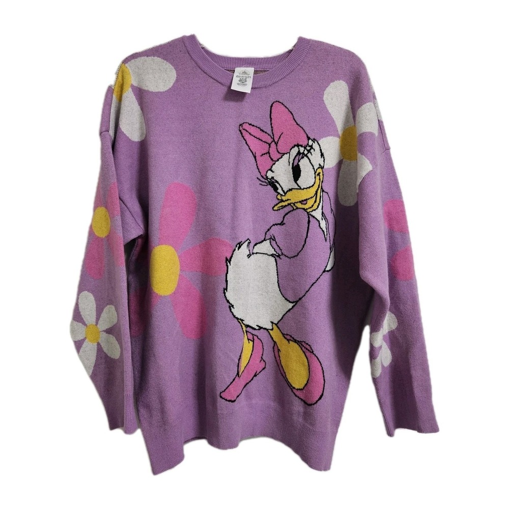 Disney Daisy Duck Sweater Women XL Purple Floral Pullover Flower Power Retro